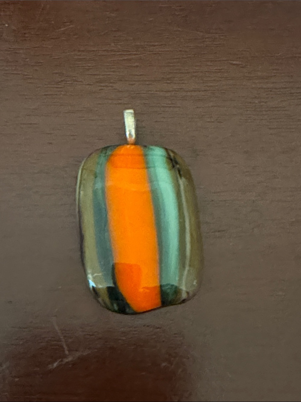 Handmade Fused Glass Pendant • Orange Aqua Green Striped Artisan Jewelry